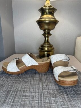 Dansko White Embossed Leather Slide Clogs with Buckles